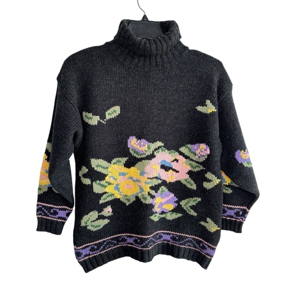 VTG Interim Turtleneck Sweater Abstract Floral Artsy 90s Women Large Cottagecore - Picture 5 of 12